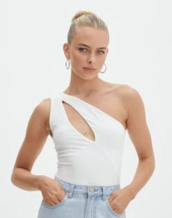 Supersoft One Shoulder Cut Out Bodysuit -Swoon Fashion dua one shoulder cut out bodysuit white front tb88291pch 3