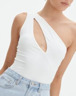 Supersoft One Shoulder Cut Out Bodysuit -Swoon Fashion dua one shoulder cut out bodysuit white imageback tb88291pch