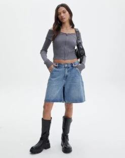 Zip Front Long Sleeve Fold Down Knit Top -Swoon Fashion franka fold down knit top keep your coal full kc113184vn