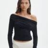 Ruched Off The Shoulder Top -Swoon Fashion genie ruche off the shoulder top black front tl124186vis 1