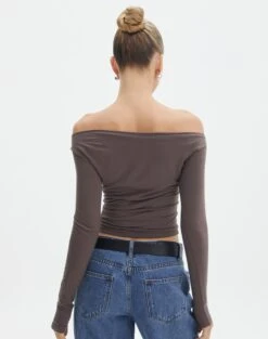 Ruched Off The Shoulder Top -Swoon Fashion genie ruched off the shoulder top irish coffee back tl124186vis