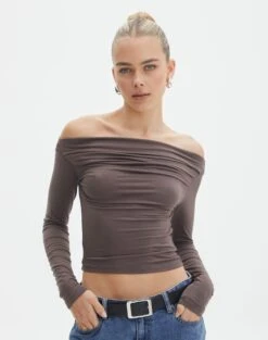 Ruched Off The Shoulder Top -Swoon Fashion genie ruched off the shoulder top irish coffee front tl124186vis