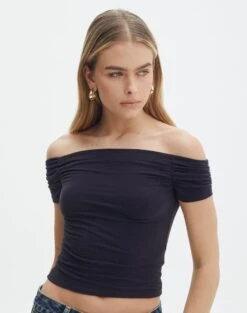 Tailored Maxi Skirt -Swoon Fashion greta ruched off the shoulder top black front ts119562cot 1