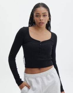 Long Sleeve Button Scoop Neck Top -Swoon Fashion harrison henley longsleeve black front tl114637ocot 1