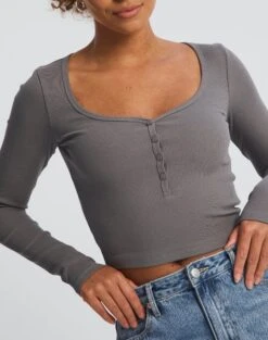 Long Sleeve Button Scoop Neck Top -Swoon Fashion harrison henley longsleeve keep your coal imageback tl114637ocot