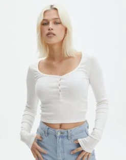 Long Sleeve Button Scoop Neck Top -Swoon Fashion harrison henley longsleeve milk front tl114637ocot 1