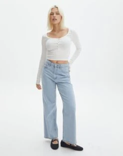 Long Sleeve Button Scoop Neck Top -Swoon Fashion harrison henley longsleeve milk full tl114637ocot