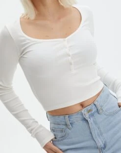 Long Sleeve Button Scoop Neck Top -Swoon Fashion harrison henley longsleeve milk imageback tl114637ocot