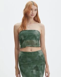 Print Mesh Strapless Top