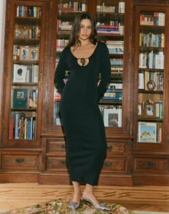 Ribbed Long Sleeve Split Side Knit -Swoon Fashion ivar keyhole dressy maxi black front kd124285knt 1