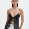 Lace Tie Front Split Top -Swoon Fashion jupiter lace hanky tank black front tv130464lac