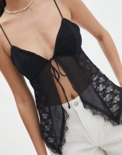 Lace Tie Front Split Top -Swoon Fashion jupiter lace hanky tank black imageback tv130464lac