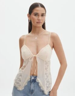 Lace Tie Front Split Top -Swoon Fashion jupiter lace hanky tank peach sorbet front tv130464lac