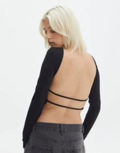 Open Strappy Back Long Sleeve Top -Swoon Fashion lana strap open back top black back tl142894des