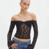 Off Shoulder Lace Long Sleeve Top -Swoon Fashion lexi longsleeve lace top black front tl116985lac