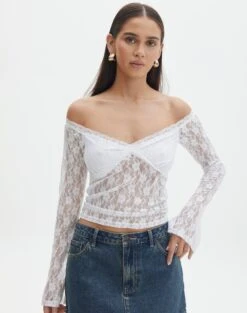 Off Shoulder Lace Long Sleeve Top 32 Off Shoulder Lace Long Sleeve Top -Swoon Fashion lexi longsleeve lace top white front tl116985lac