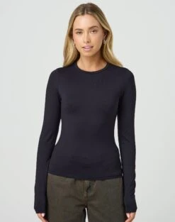 Hooded Cropped Knit -Swoon Fashion limmy slinky longsleeve black front tl55301pch 2