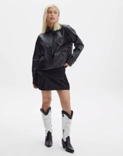 Western Two Tone Faux Leather Embossed Boot -Swoon Fashion lola cowboy boot blackwhite detail sh53399tt