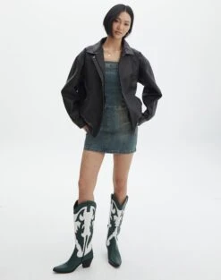 Western Two Tone Faux Leather Embossed Boot -Swoon Fashion lola cowboy boot greenwhite full sh53399tt