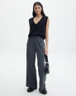 Mid Rise Pinstripe Wide Leg Pant -Swoon Fashion lorence pinstripe pant grey pinstripe front pw69506stp 1