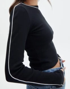 Contrast Stitch Long Sleeve Top -Swoon Fashion mac contrast bind top blackwhite imageback tl54279rib
