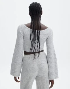 Off Shoulder Long Sleeve Cropped Knit -Swoon Fashion mariah v neck rib top pale grey marle back kl98427rrec