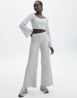 Off Shoulder Long Sleeve Cropped Knit -Swoon Fashion mariah v neck rib top pale grey marle full kl98427rrec