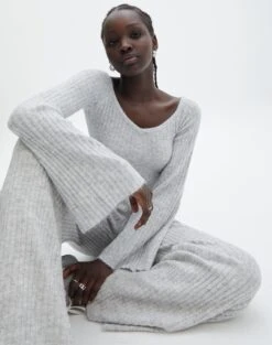 Off Shoulder Long Sleeve Cropped Knit -Swoon Fashion mariah v neck rib top pale grey marle imageback kl98427rrec