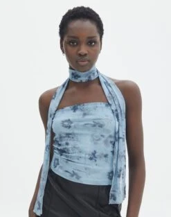 Floral Print Mesh Lettuce Trim Cropped Cami -Swoon Fashion marve strapless top bubble blooms front tv138934prt 1