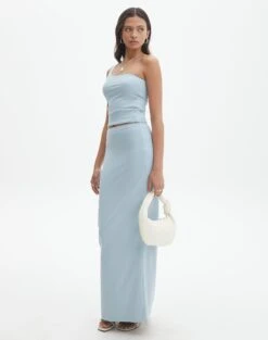 Double Button Knee Length Denim Skirt -Swoon Fashion meg supersoft maxi skirt blue bubble front sl51179pln