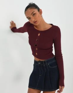 Double Tie Front Ribbed Knit Top -Swoon Fashion monita multi cut out knit red chocolate front kl95709vn