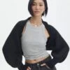 Balloon Sleeve Rib Knit Shrug -Swoon Fashion naomi cosy shrug black front kc106720knt