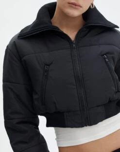 Cropped Puffer Jacket -Swoon Fashion noor cropped funnel puffer black imageback cs91682puf