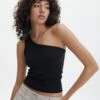Crop Ribbed One Shoulder Tank -Swoon Fashion o albo asymmetric tank black front tv128401orib 2