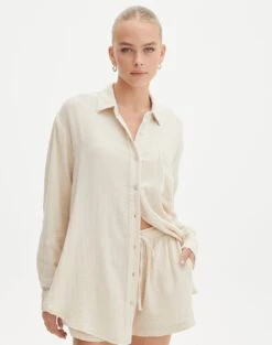 Oversized Contrast Stripe Shirt 36 Oversized Contrast Stripe Shirt -Swoon Fashion o co snoop muslin rice cake front bl122896mus 1