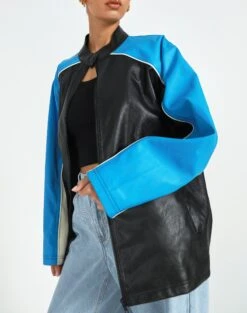 Faux Leather Oversized Moto Jacket -Swoon Fashion oatman oversized moto jacket colour block imageback jw101770pu