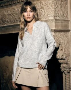 Long Sleeve Collared Knit -Swoon Fashion obisanya open neck pale grey marle front kl78685rpol