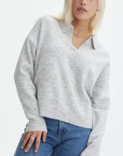 Long Sleeve Collared Knit -Swoon Fashion obisanya open neck pale grey marle imageback kl78685rpol