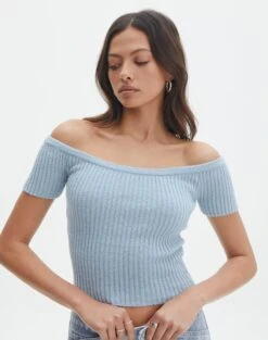 Knit Off The Shoulder Crop Top -Swoon Fashion opal off the shoulder top blue bubble front ks130295knt