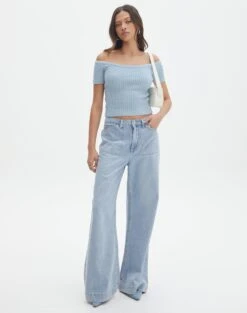 Knit Off The Shoulder Crop Top -Swoon Fashion opal off the shoulder top blue bubble full ks130295knt