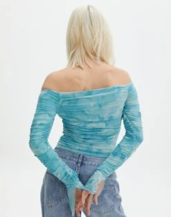 Ruched Print Mesh Off The Shoulder Top -Swoon Fashion oreo off the shoulder top aqua tie dye back tl124256rprt