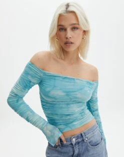 Ruched Print Mesh Off The Shoulder Top -Swoon Fashion oreo off the shoulder top aqua tie dye front tl124256rprt