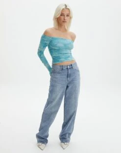 Ruched Print Mesh Off The Shoulder Top -Swoon Fashion oreo off the shoulder top aqua tie dye full tl124256rprt