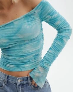 Ruched Print Mesh Off The Shoulder Top -Swoon Fashion oreo off the shoulder top aqua tie dye imageback tl124256rprt