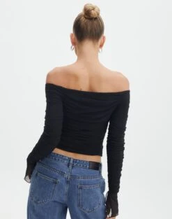 Ruched Mesh Off The Shoulder Top -Swoon Fashion oreo off the shoulder top black back tl124256rmsh