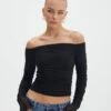 Ruched Mesh Off The Shoulder Top -Swoon Fashion oreo off the shoulder top black front tl124256rmsh