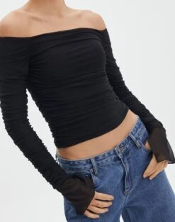 Ruched Mesh Off The Shoulder Top -Swoon Fashion oreo off the shoulder top black imageback tl124256rmsh