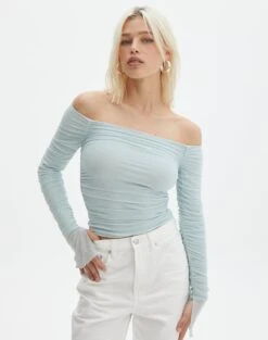 Ruched Mesh Off The Shoulder Top -Swoon Fashion oreo off the shoulder top mist me front tl124256rmsh