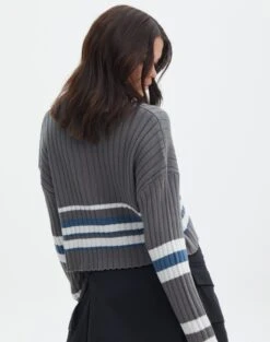 V-Neck Drop Shoulder Varsity Knit Jumper -Swoon Fashion paige preppy v neck coal stripe back kl90519ostp