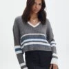 V-Neck Drop Shoulder Varsity Knit Jumper 2 V-Neck Drop Shoulder Varsity Knit Jumper -Swoon Fashion paige preppy v neck coal stripe front kl90519ostp